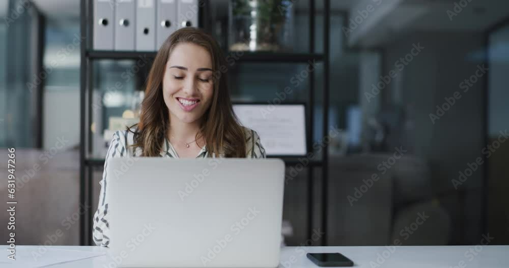 Poster typing email, face and a woman with a laptop at work for communication, networking and research. smi