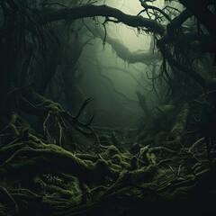 Mystical Haunted Grove: Eerie Enchanted Forest with Lush Vegetation Created with Generative AI