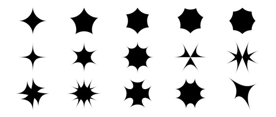 Black star and sparkle shapes set. Retro bling icons collection. Abstract y2k starburst and shine effect pack. Design elements for template, poster, banner, logo, card. Vector illustration bundle. 