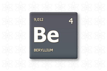 Beryllium. Abkuerzung: Be. Chemisches Element des Periodensystems. Weisser Text innerhalb eines grauen Rechtecks auf weissem Hintergrund.
