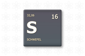 Schwefel. Abkuerzung: S. Chemisches Element des Periodensystems. Weisser Text innerhalb eines grauen Rechtecks auf weissem Hintergrund.