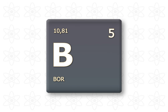 Bor. Abkuerzung: B. Chemisches Element des Periodensystems. Weisser Text innerhalb eines grauen Rechtecks auf weissem Hintergrund.