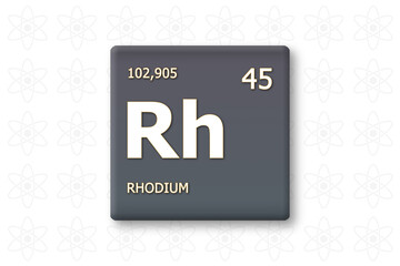 Rhodium. Abkuerzung: Rh. Chemisches Element des Periodensystems. Weisser Text innerhalb eines grauen Rechtecks auf weissem Hintergrund.