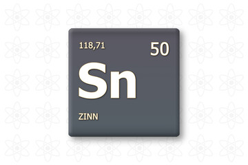 Zinn. Abkuerzung: Sn. Chemisches Element des Periodensystems. Weisser Text innerhalb eines grauen Rechtecks auf weissem Hintergrund.