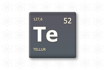 Tellur. Abkuerzung: Te. Chemisches Element des Periodensystems. Weisser Text innerhalb eines grauen Rechtecks auf weissem Hintergrund.