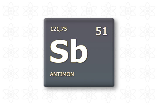 Antimon. Abkuerzung: Sb. Chemisches Element des Periodensystems. Weisser Text innerhalb eines grauen Rechtecks auf weissem Hintergrund.