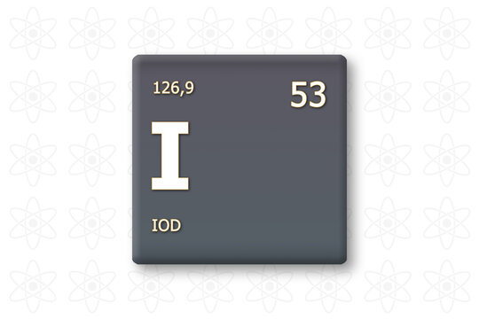 Iod. Abkuerzung: I. Chemisches Element des Periodensystems. Weisser Text innerhalb eines grauen Rechtecks auf weissem Hintergrund.