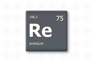 Rhenium. Abkuerzung: Re. Chemisches Element des Periodensystems. Weisser Text innerhalb eines grauen Rechtecks auf weissem Hintergrund.