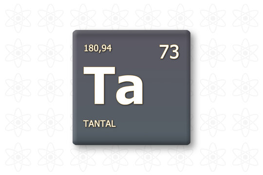 Tantal. Abkuerzung: Ta. Chemisches Element des Periodensystems. Weisser Text innerhalb eines grauen Rechtecks auf weissem Hintergrund.