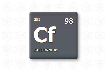 Californium. Abkuerzung: Cf. Chemisches Element des Periodensystems. Weisser Text innerhalb eines grauen Rechtecks auf weissem Hintergrund.