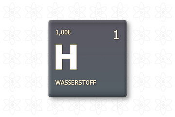 Wasserstoff. Abkuerzung: H. Chemisches Element des Periodensystems. Weisser Text innerhalb eines grauen Rechtecks auf weissem Hintergrund.