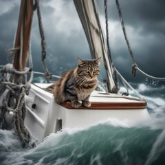 Obraz premium a sailor cat in an adventurer and diver in the middle of the sea