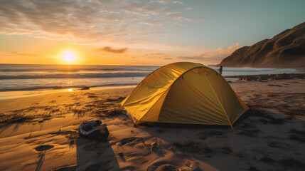 Camping adventure at the beach as the sunset