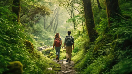 Obraz premium A young couple hiking through a picturesque forest, surrounded by lush greenery and a serene atmosphere