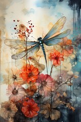 An abstract nature collage with dragonflies and flowers. Generative AI. 