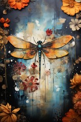 An abstract nature collage with dragonflies and flowers. Generative AI. 
