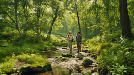 Fototapeta na wymiar A young couple hiking through a picturesque forest, surrounded by lush greenery and a serene atmosphere