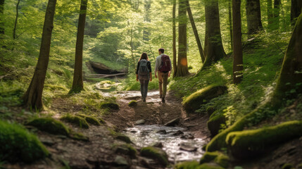 Fototapeta premium A young couple hiking through a picturesque forest, surrounded by lush greenery and a serene atmosphere