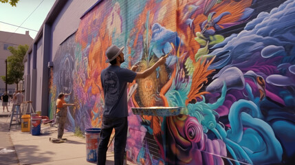 An artist painting a vibrant mural on the side of a building
