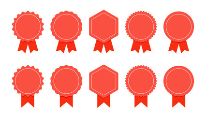 Medal set with ribbon. Red award badges. Achievement label. Winner Prize. Competition Trophy. Vector seal collection in flat style