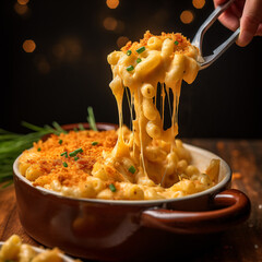 Macaroni and cheese bake with cool cheese pull on a black background 