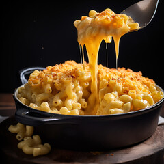 Cheesy macaroni tray bake with cheese pull on a black background