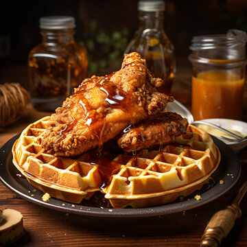 Scrumptious chicken and waffles plated with sides 