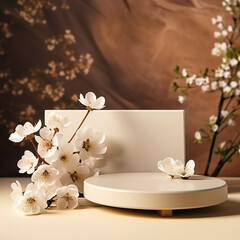 Fototapeta na wymiar Decorative podiums with white cherry blossoms 