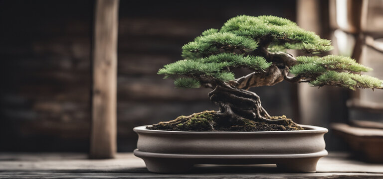 immagine primo piano di elegante bonsai di conifera in raffinato vaso in ceramica con sottovaso, tavolo in legno rustico, sfondo interno sfuocato