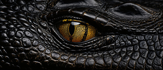 Photo of single gold eye of black crocodile 