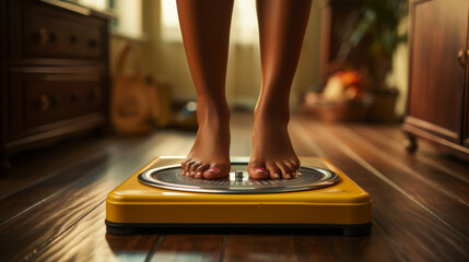A pair of bare female feet standing on a scale. Generative AI. 