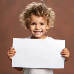 Cute child holding a blank empty whiteboard 