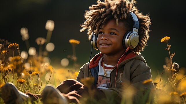 A kid sitting in the grass alone outside wearing headphones. Generative AI.