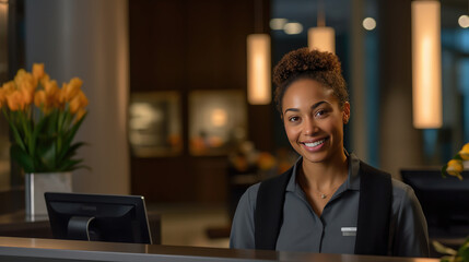 Fototapeta premium Close-up of a female hotel front desk clerk expertly handling a phone call