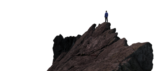 Adventure Hiker Standing on top of Rocky Mountain Cliff. Adventurous Composite. PNG Cutout