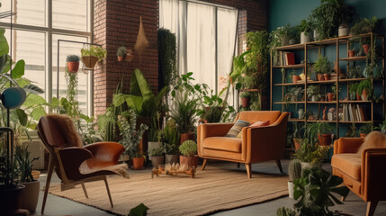 Fototapeta na wymiar A modern living room adorned with lush indoor plants