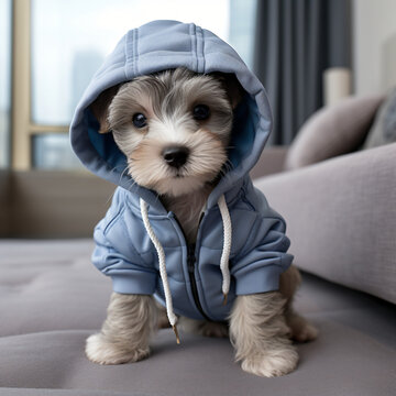 Adorable cute loving sweet puppy dressed in an over-sized hoodie photo