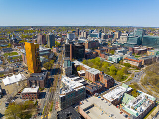 Boston Longwood Medical and Academic Area aerial view in Boston, Massachusetts MA, USA. This area including Beth Israel Deaconess Medical Center, Children's Hospital, Dana Farber Cancer Institute, etc - obrazy, fototapety, plakaty