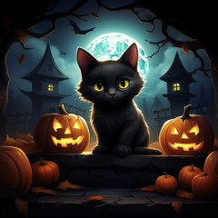 Spooktacular Feline Fun: Cartoon Black Kitten and Jack O Lanterns
