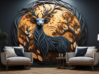Abstract modern 3d interior mural wall art dark green and golden forest trees, deer animal wildlife with birds, golden moon, and waves mountains generative ai