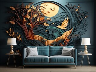 Abstract modern 3d interior mural wall art dark green and golden forest trees, deer animal wildlife with birds, golden moon, and waves mountains generative ai