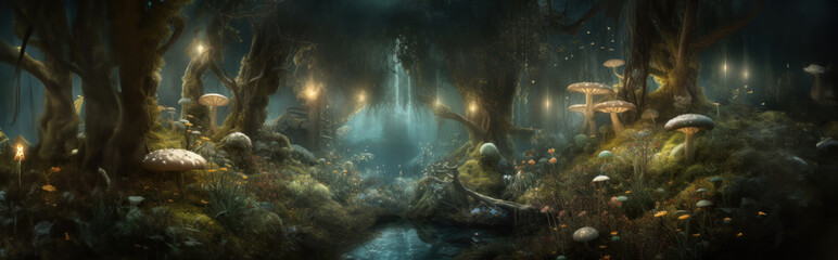 Obraz premium A beautiful fairytale enchanted forest with big trees and great vegetation. Digital painting background created with Generative AI technology