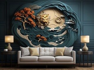 Abstract modern 3d interior mural wall art dark green and golden forest trees, deer animal wildlife with birds, golden moon, and waves mountains generative ai