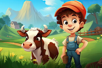 Obraz na płótnie Canvas Cartoon character of kid with a cow, farm background