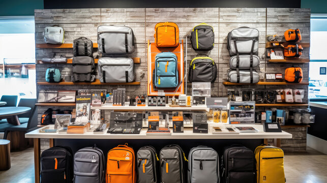 A modern and well - organized travel store, displaying a variety of travel accessories, luggage, and travel gadgets