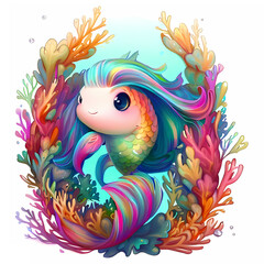 Cute Fish, Floral circular frame, icon, cartoon