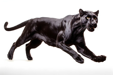 Panther isolated on a white background jumping. Animal side view.