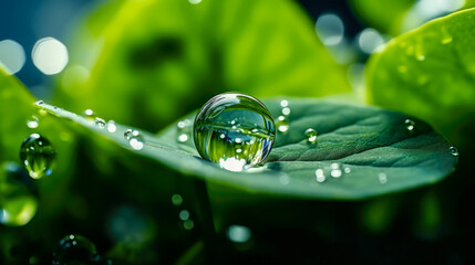 water raindrop on a green leaf reflecting the trees and the clouds AI Generative