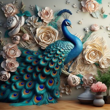 Luxury Flowers with Peacock Illustration Background. 3D Interior Mural Painting and wall art Decor generative ai