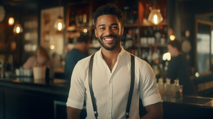 A young black smiling bartender or waiter standing in front of a bar and wearing suspenders.